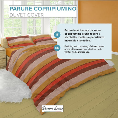 Dorian Home, Parure Copripiumino 1 Piazza e Mezza 200 x 210 cm, Realizzato in 100% Morbido e Puro Cotone, Made in Italy, Fantasia Garda Arancio