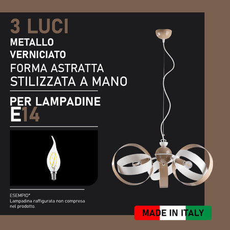 Lampadario Sospensione Metallo Verniciato Forma Astratta 3 luci E14 Valeria BiancoTortora