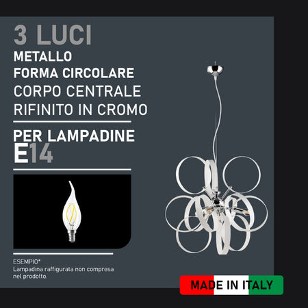 Lampadario Sospensione Metallo verniciato Bolle 3 Luci E14 Bianco/Cromo