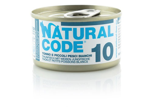 Natural Code Scatoletta 10 gusto Tonno e piccoli Pesci Bianchi per Gatti Adulti 85gr