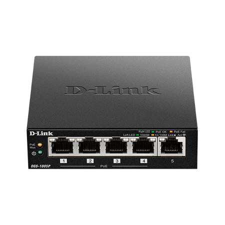 D-Link DGS-1005P Non gestito L2 Gigabit Ethernet [10/100/1000] Supporto Power over Ethernet [PoE] Nero (D-Link DGS 1005P - Switch - 5 x 10/100/1000 [4 PoE+] - desktop - PoE+ [60 W])