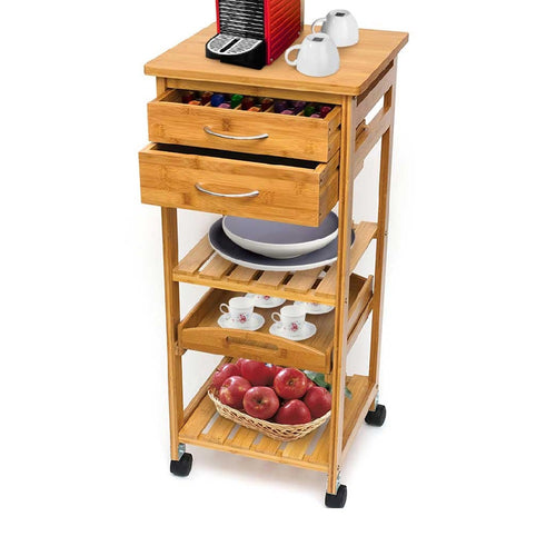 Carrello Cucina in bambù 2 Cassetti 2 Ripiani Portaposate 1Vassoio 40x36 H80cm Slim