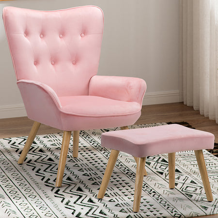 Poltrona Arredo con Sgabello Poggia Piedi Salotto Ufficio Velluto Moderno Rosa