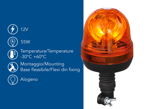 Lampeggiante alogeno per trattori base flessibile magnetica 12V 55W