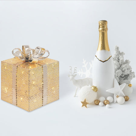 Pacco regalo cubico scatola decorazione natalizia addobbo luminoso con led color champagne