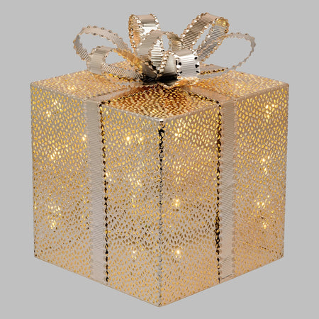 Pacco regalo cubico scatola decorazione natalizia addobbo luminoso con led color champagne