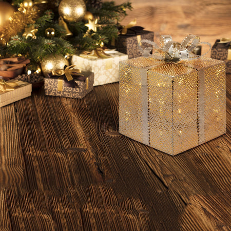 Pacco regalo cubico scatola decorazione natalizia addobbo luminoso con led color champagne