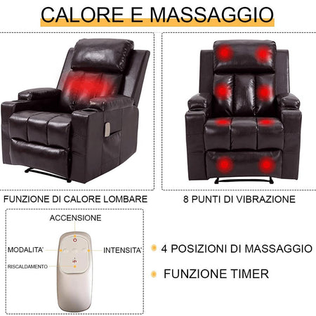 Poltrona Reclinabile Telecomando Massaggiante Schienale Riscaldato Marrone