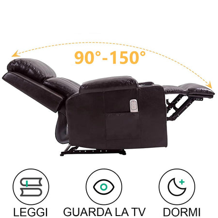 Poltrona Reclinabile Telecomando Massaggiante Schienale Riscaldato Marrone