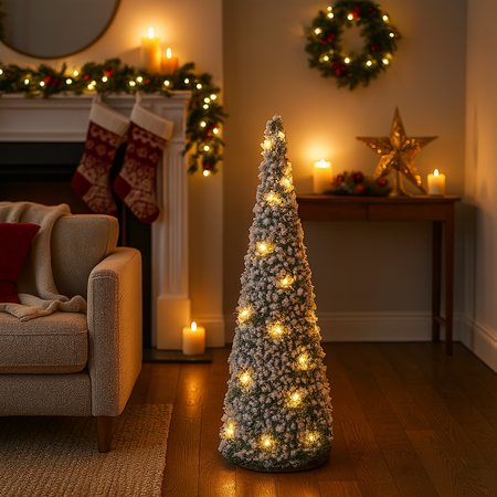 Albero decorativo cono pino innevato con luci led bianco caldo per decorazione natalizia