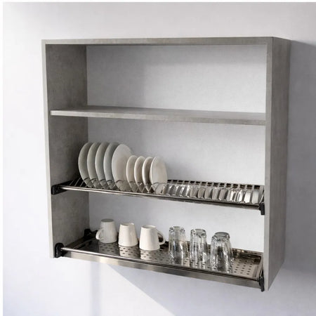 Pensile Scolapiatti Cucina con Ante in Legno Nobilitato Cemento Altezza 90 cm