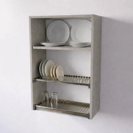 Pensile Scolapiatti Cucina con Ante in Legno Nobilitato Cemento Altezza 90 cm