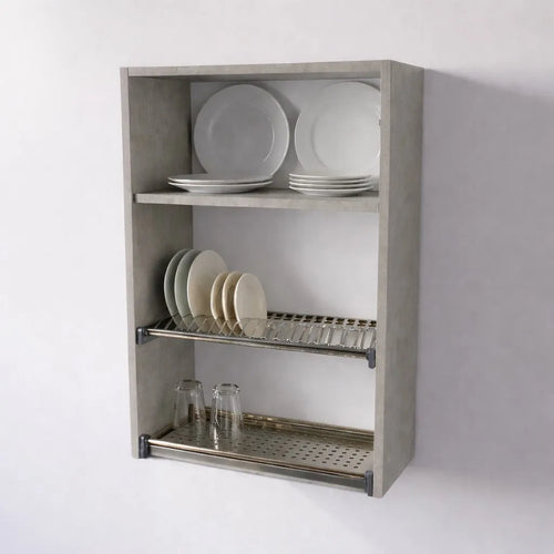Pensile Scolapiatti Cucina con Ante in Legno Nobilitato Cemento Altezza 90 cm