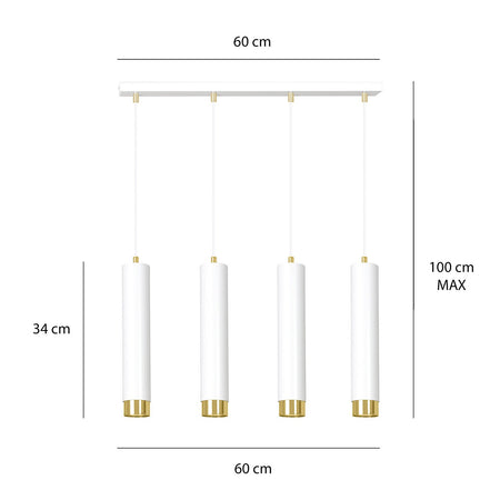 Lampadario 4 Luci Kibo In Acciaio Bianco E Tubolari In Bianco E Oro