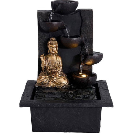 Fontana decorativa Buddha seduto nero e dorato con led h 30 cm