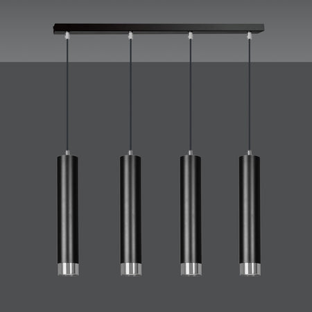 Lampadario 4 Luci Kibo In Acciaio Nero E Tubolari In Nero E Cromo