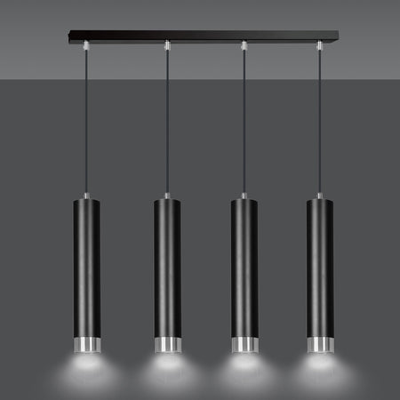 Lampadario 4 Luci Kibo In Acciaio Nero E Tubolari In Nero E Cromo