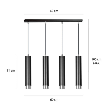 Lampadario 4 Luci Kibo In Acciaio Nero E Tubolari In Nero E Cromo