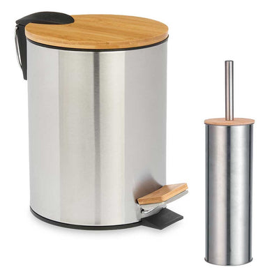 Kit da Bagno Pattumiera 3lt e Porta Scopino Acciaio Bambù