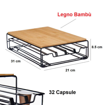 Cassetto Porta Capsule Nespresso 32Posti Metallo verniciato Bambù Vassoio Estraibile