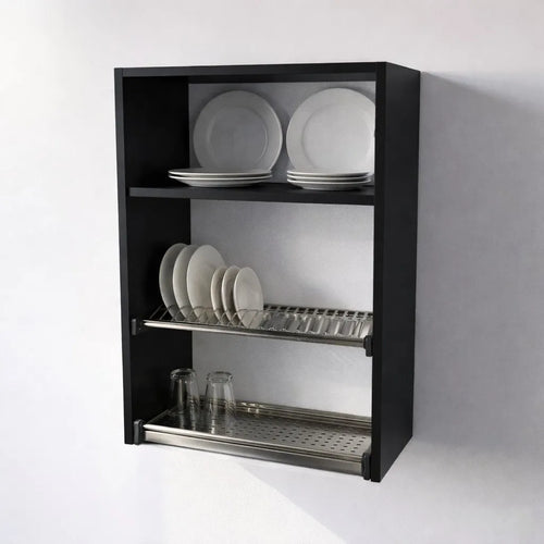Pensile Scolapiatti Cucina con Ante in Legno Nobilitato Nero Altezza 90 cm