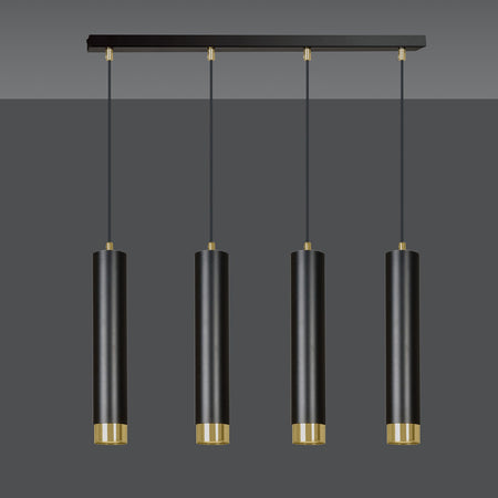 Lampadario 4 Luci Kibo In Acciaio Nero E Tubolari In Nero E Oro