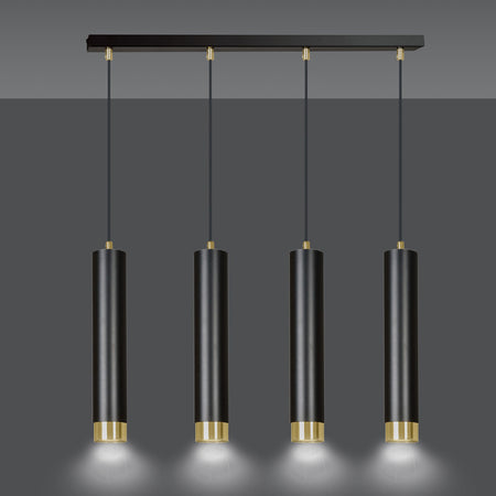 Lampadario 4 Luci Kibo In Acciaio Nero E Tubolari In Nero E Oro