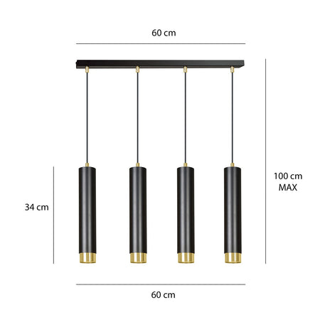 Lampadario 4 Luci Kibo In Acciaio Nero E Tubolari In Nero E Oro