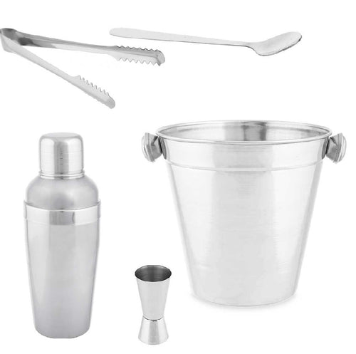 Set 5pz Preparazione Cocktail Secchiello Shaker e Accessori Acciaio Inox Kit Barman