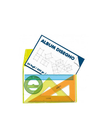 Set disegno con riga da 30cm ,goniometro 360, coppia di squadre 30cm in custodia fluo