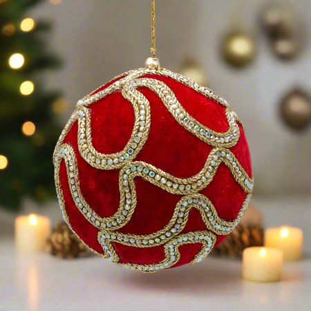 Pallina in velluto colore rosso con gemme per albero di Natale decorazioni natalizie