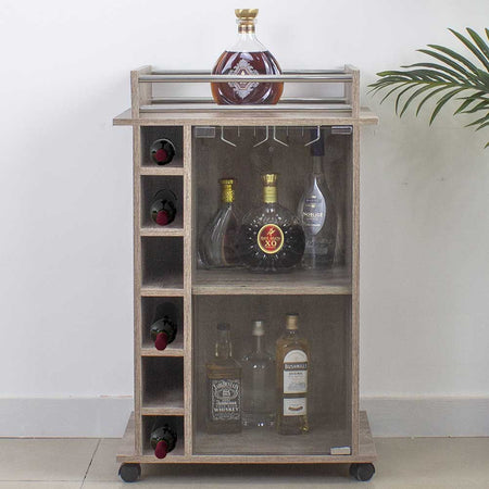 Mobiletto Bar Porta Bottiglie Legno Mdf 6 Vani 3Ripiani Porta Calici Taupe