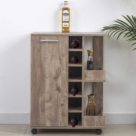Mobiletto Bar Porta Bottiglie Vino Legno Mdf 6Posti 1Anta 2 Ripiani Tortora
