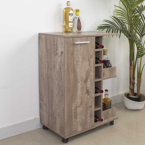 Mobiletto Bar Porta Bottiglie Vino Legno Mdf 6Posti 1Anta 2 Ripiani Tortora