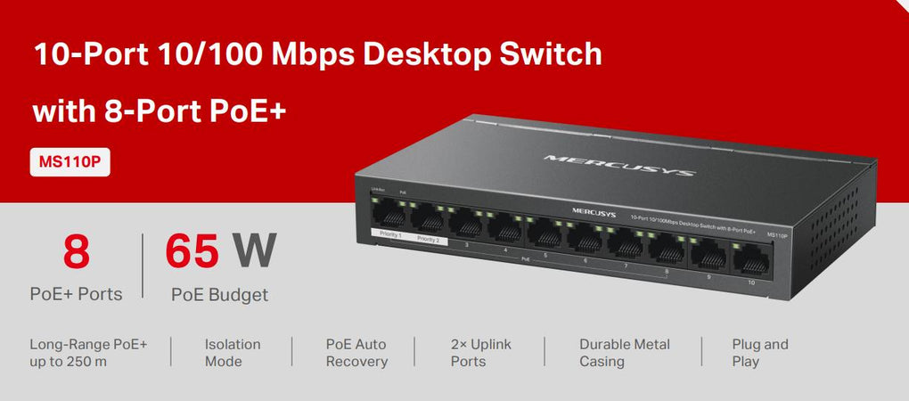 Switch Desktop 10 porte 10/100 PoE+ - Mercusys MS110P