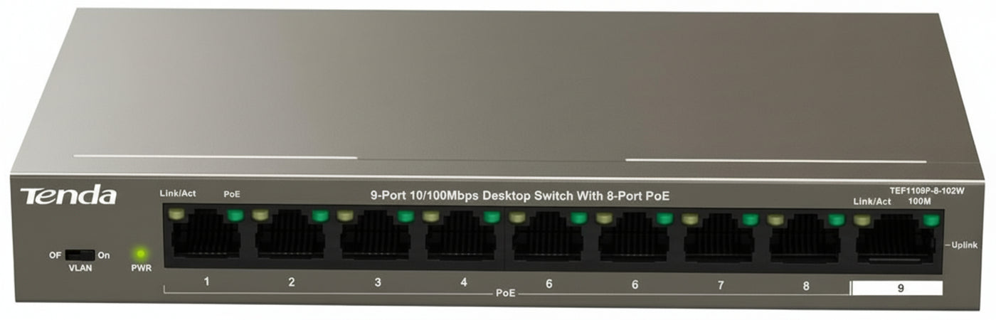 Switch a 9 porte da 10/100Mbps con 8 porte PoE desktop 102W