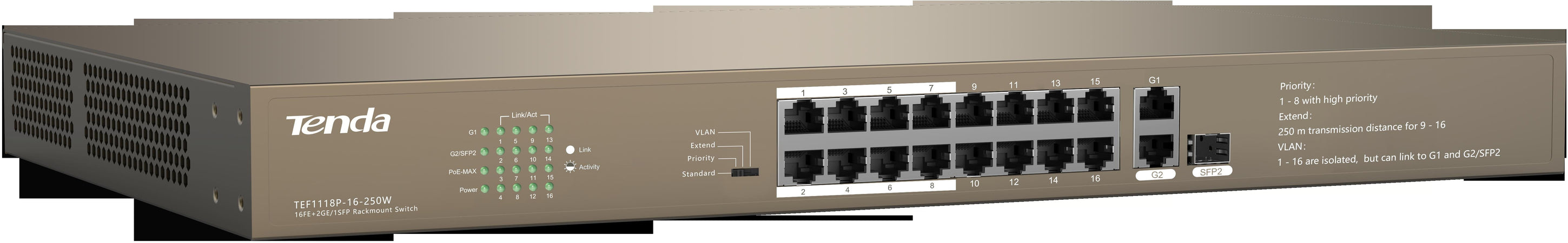 Switch Desktop 16 porte 10/100M PoE 250W + 2 GE