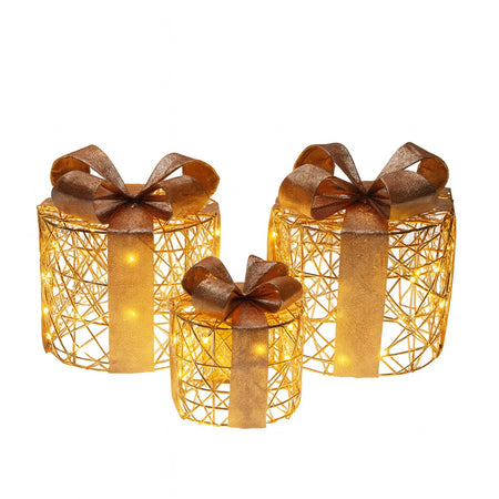 Pacchi regalo color champagne con luci Led per decorazione natalizia set da 3