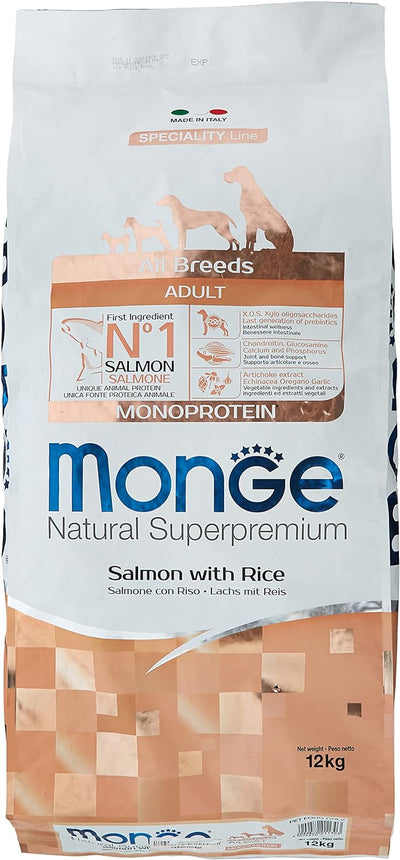 Monge Natural Superpremium Adult Salmon And Rice, per Tutte Le Razze Cibo Secco per Cani con Salmone e Riso, Molto Ricco di Fibre e vitamine, 12 kg