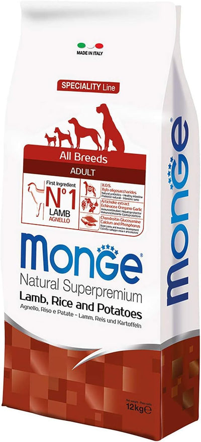Monge Natural Superpremium Adult, per Cani per Tutte Le Razze Cibo Secco con Agnello, Riso e Patate, Molto Ricco di Fibre e vitamine, 12 kg