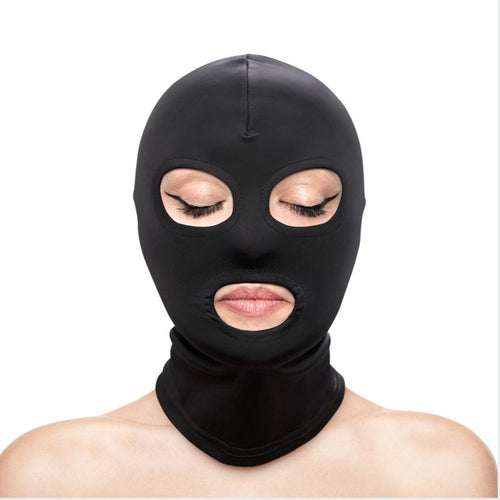 Cappuccio nero maschera integrale aderente con fori occhi e bocca BDSM fetish