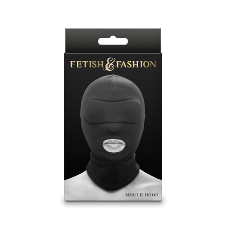 Cappuccio nero maschera integrale aderente con foro per la bocca BDSM fetish