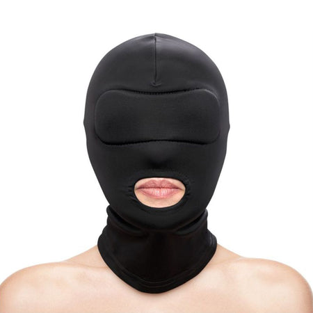 Cappuccio nero maschera integrale aderente con foro per la bocca BDSM fetish