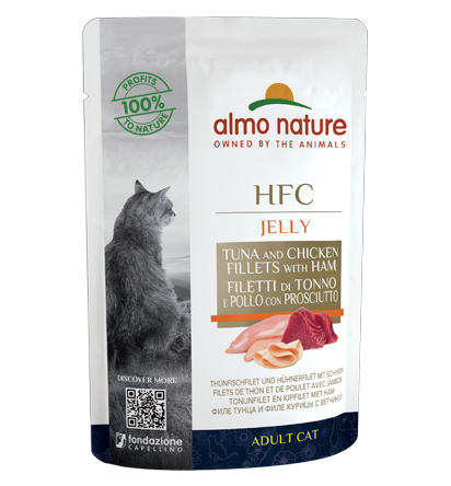 Almo Nature Bustina HFC Jelly gusto Tonno Pollo e Prosciutto per Gatti Adulti 55gr