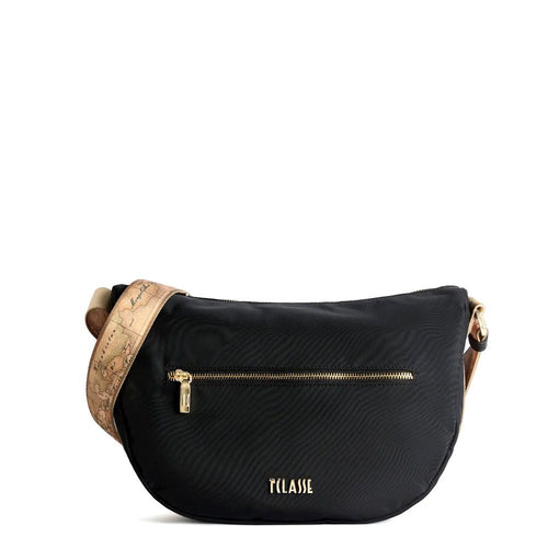 Borsa donna 1ª Classe tracolla mezzaluna grande in nylon riciclato nero e Geo Classic