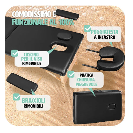 Lettino Pieghevole e Portatile per Massaggi Estetica SPA 3 Zone in Legno Nero