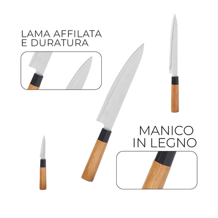 Confezione 5pz Coltelli Cucina Doppia Lama Manico in Legno Bambù Naturale