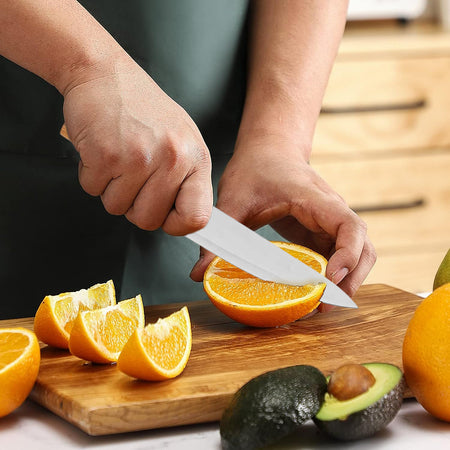 Confezione 5pz Coltelli Cucina Doppia Lama Manico in Legno Bambù Naturale