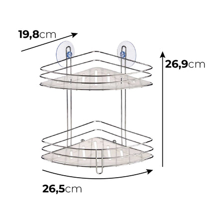 Mensola Angolare Bagno 2Piani Acciaio Cromato Montaggio Fisher o Ventosa 20x20 H26.5cm