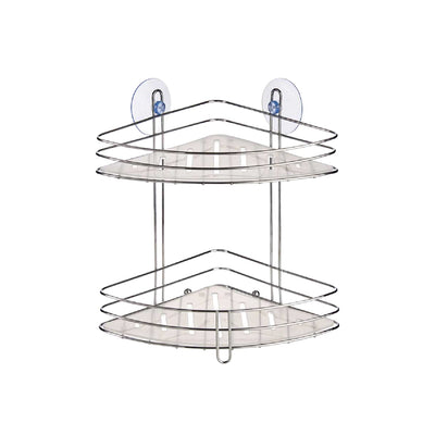 Mensola Angolare Bagno 2Piani Acciaio Cromato Montaggio Fisher o Ventosa 20x20 H26.5cm